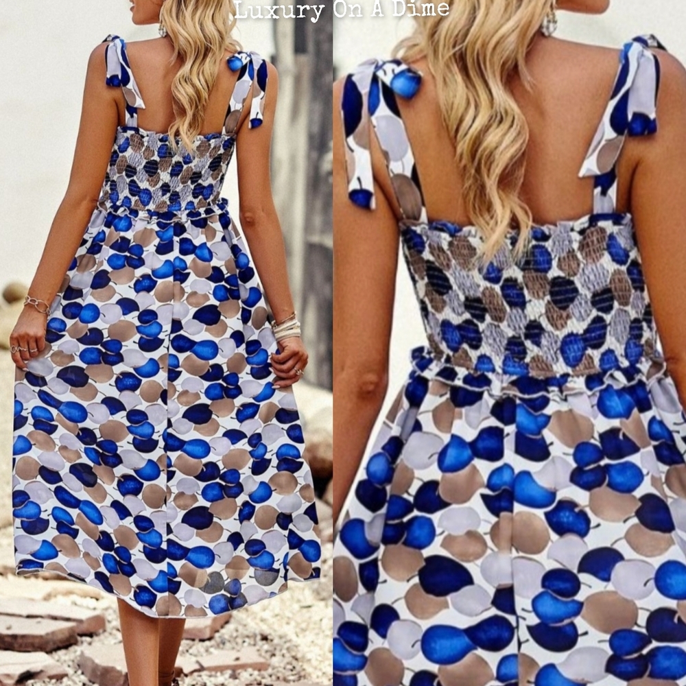 Vibrant Blue Circle Abstract Leaf Sleeveless Smocked Bodice Summer Midi Dress - Picture 4 of 10